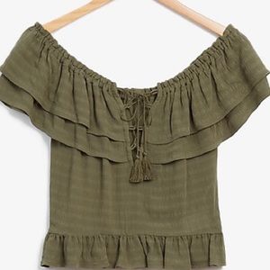 Olive Off-Shoulder Express Ruffle Shirt - Lace Up